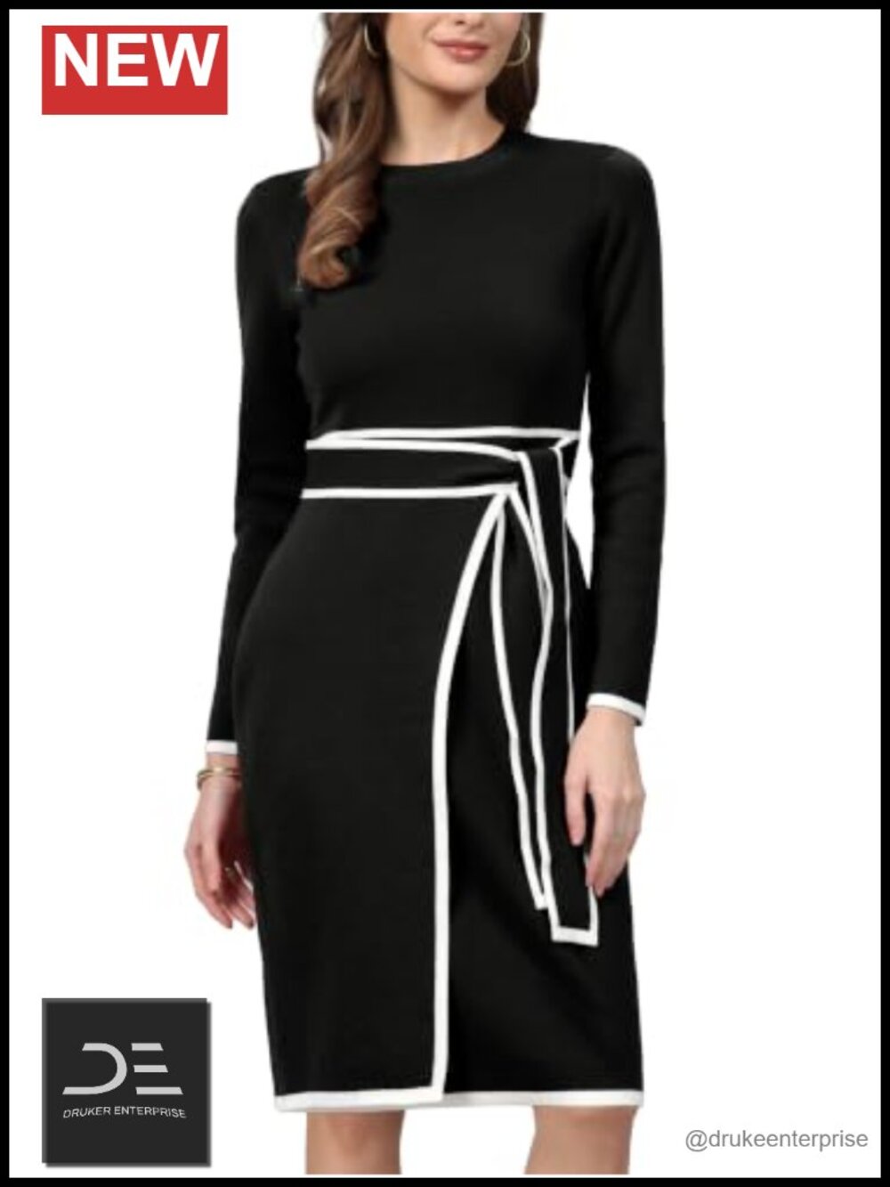 Women's Faux Wrap Sweater Dress Long Sleeve Contrast Color Casual Work Ribbed